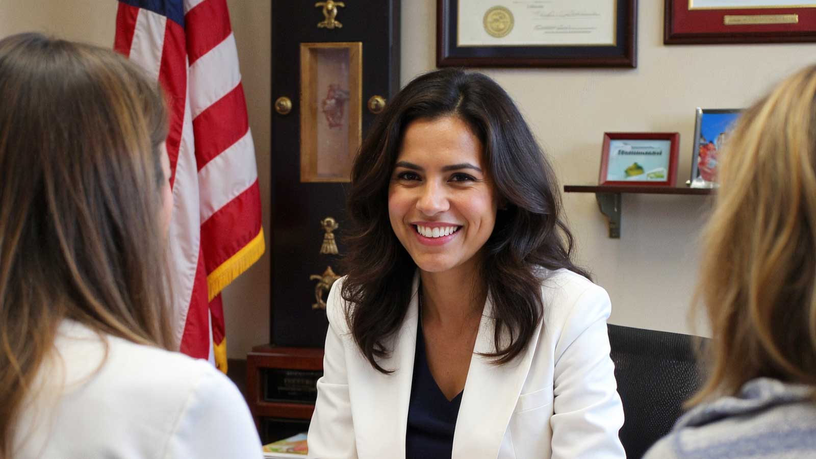 A smiling attorney in a white blazer meets with two clients in an office with an American flag and framed diplomas.