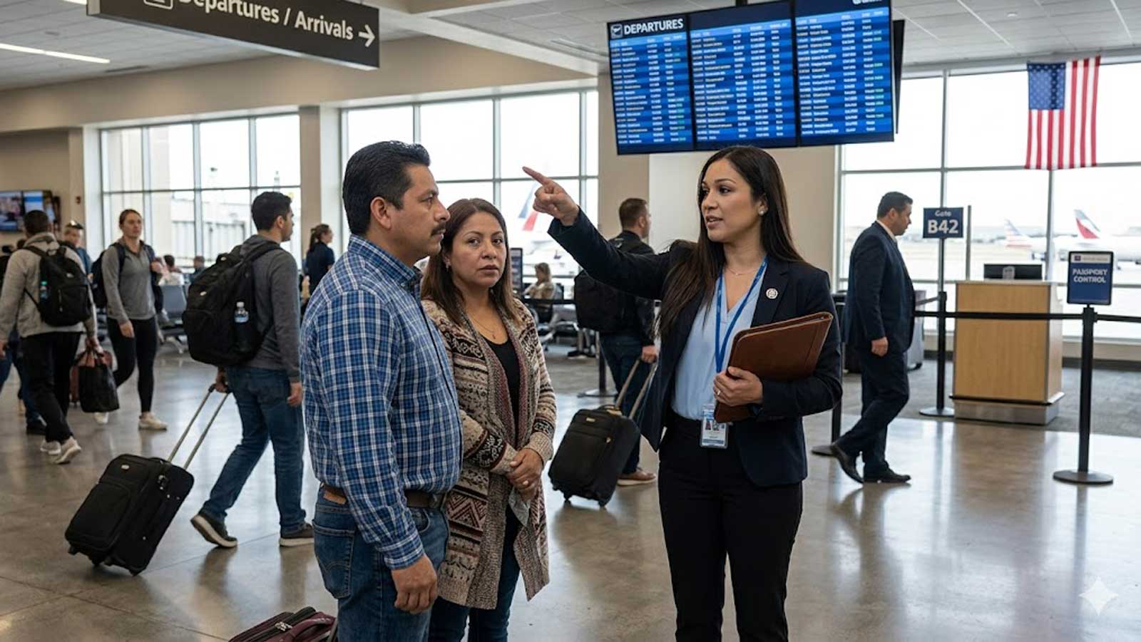 Attorney Karen Monrreal points the way for a couple with luggage in an airport terminal under a departures board.