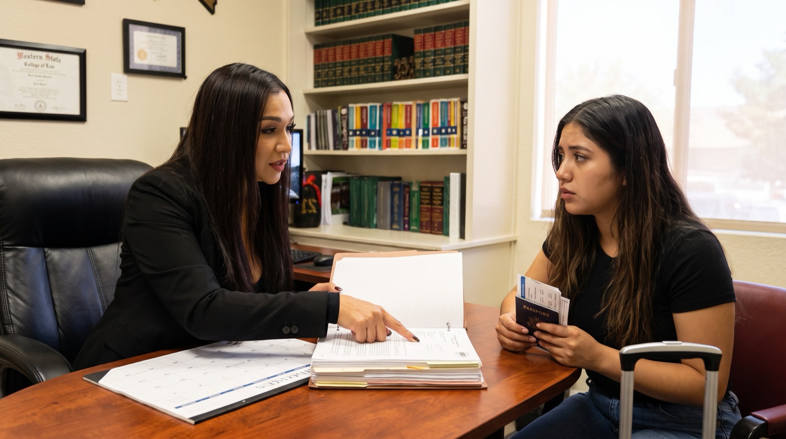 Attorney Karen Monrreal reviews a binder with a worried young woman holding a passport and ticket, a suitcase at her side.