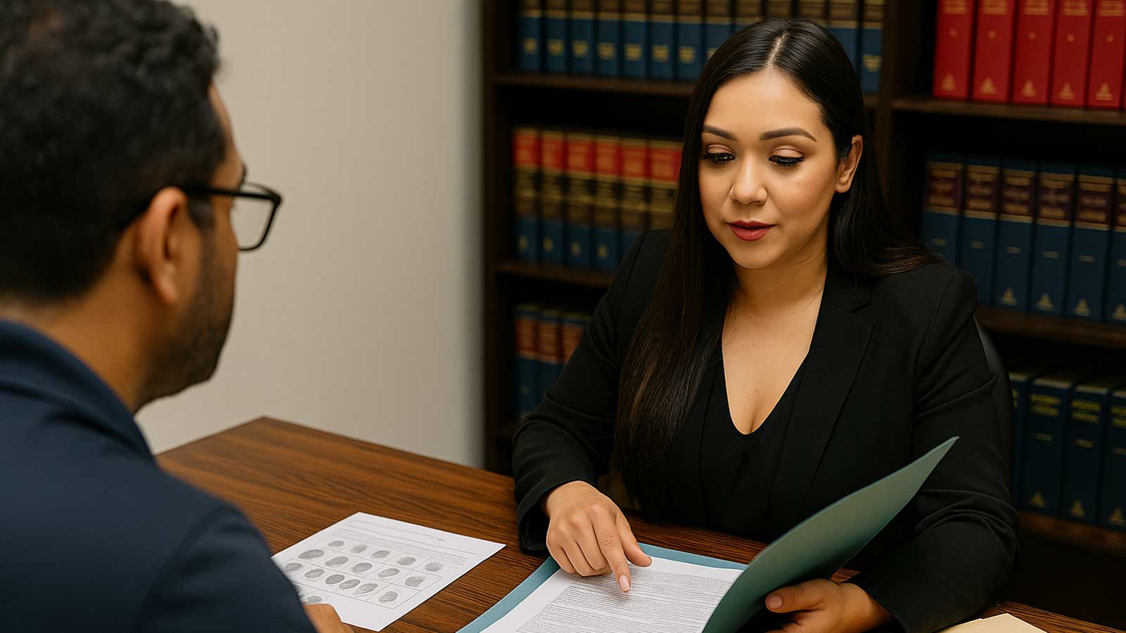 Attorney Karen Monrreal reviews court papers with a client in a law library, a fingerprint card on the desk between them.