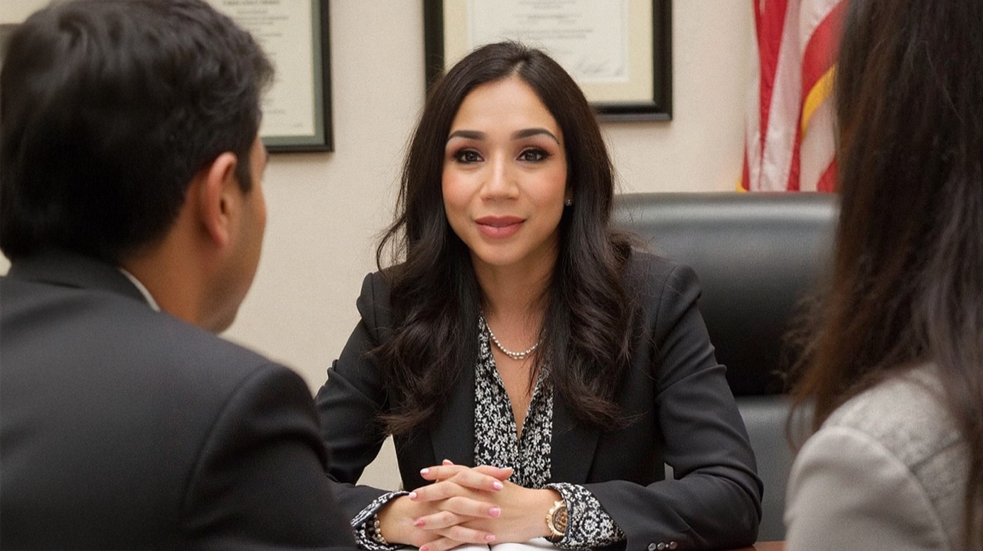Attorney Karen Monrreal listens with hands folded as two clients sit across her desk in an office with an American flag.