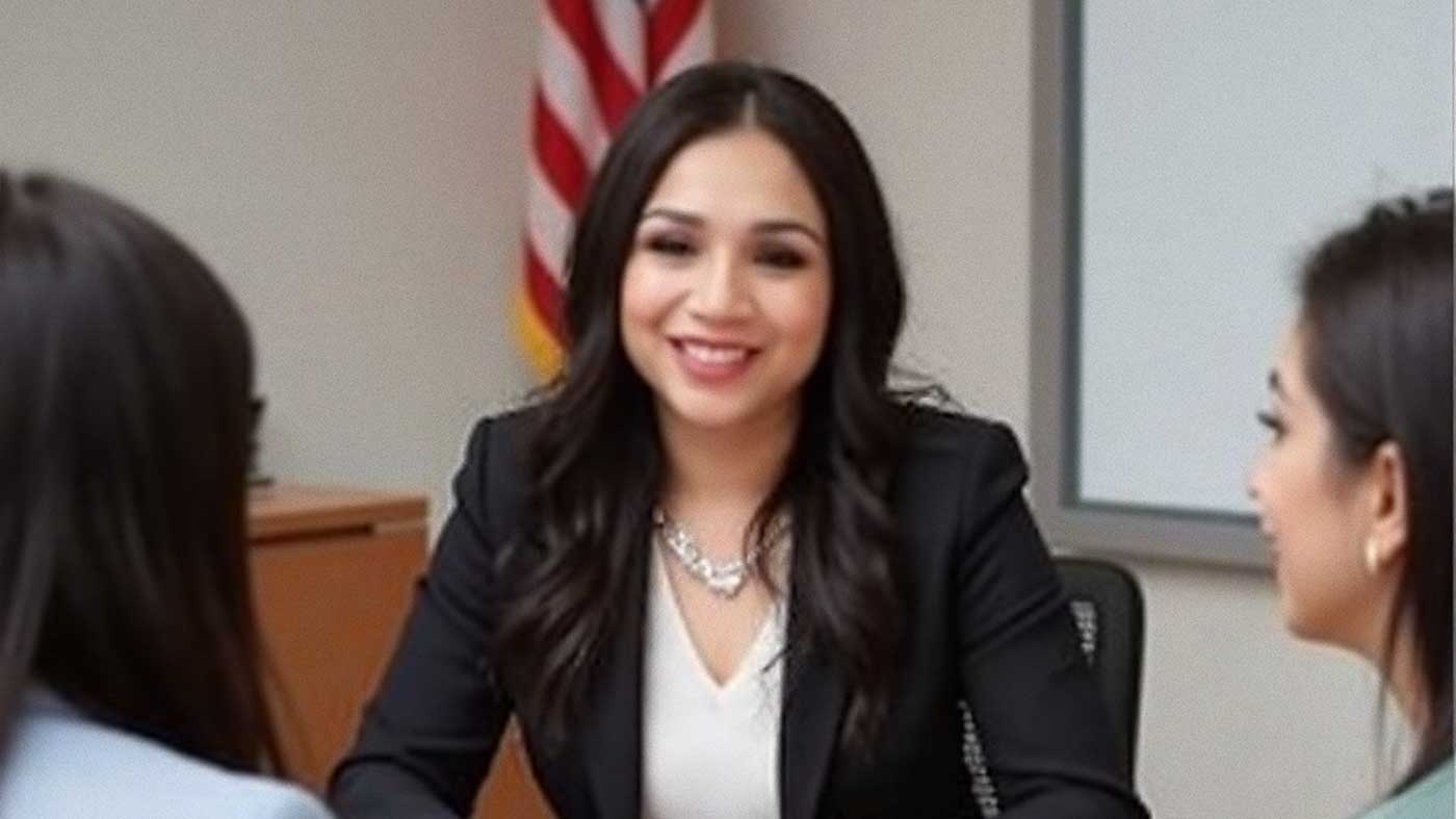 Attorney Karen Monrreal smiles during a consultation with two women seated across from her, an American flag behind her.