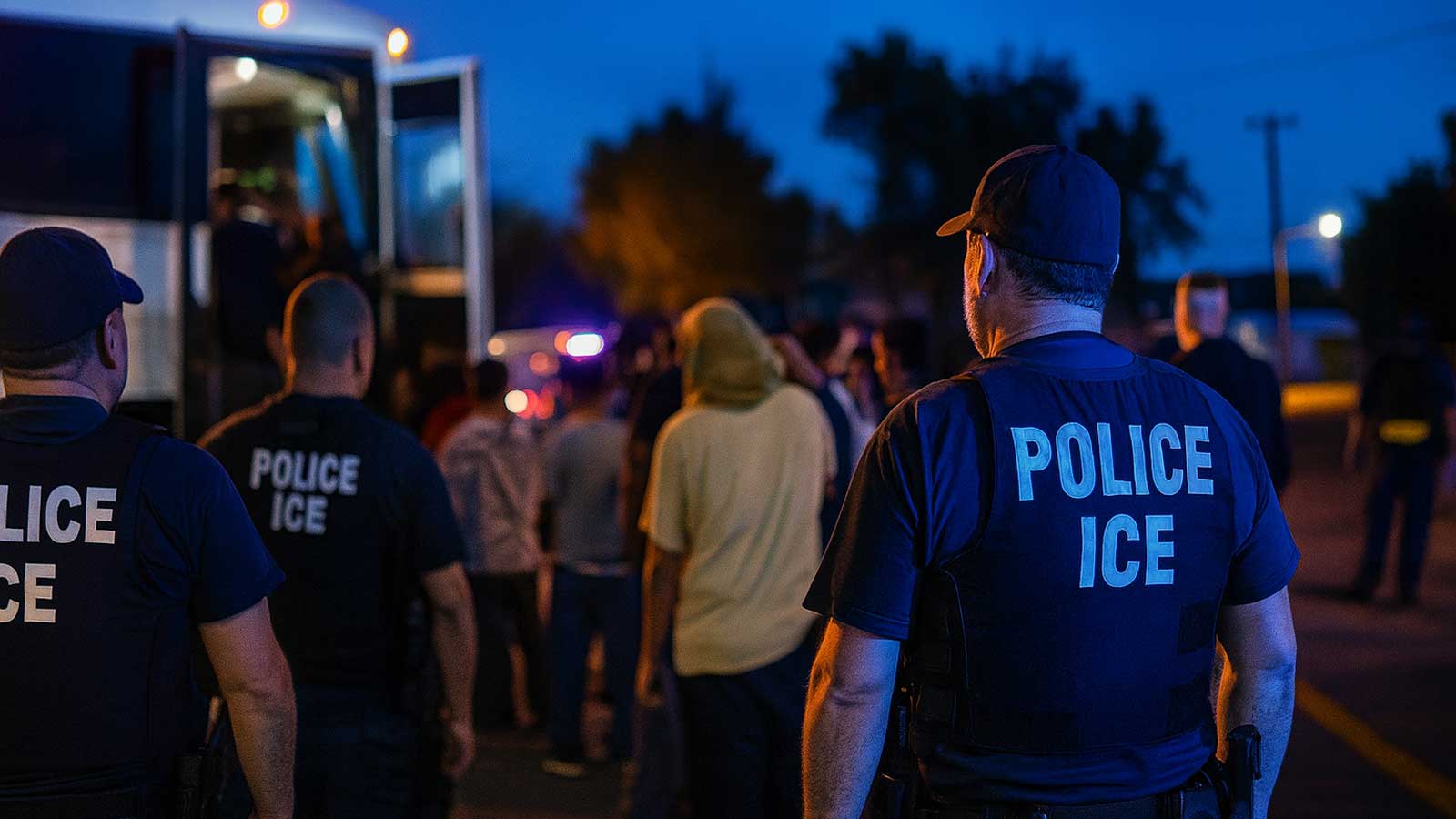 ICE officers in vests watch a line of people boarding a bus at night, with police lights glowing in the background.