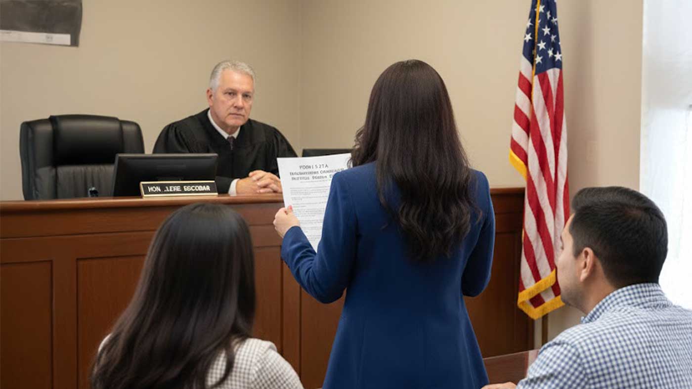 An attorney in a navy suit holds a document before an immigration judge in a courtroom as two clients look on.