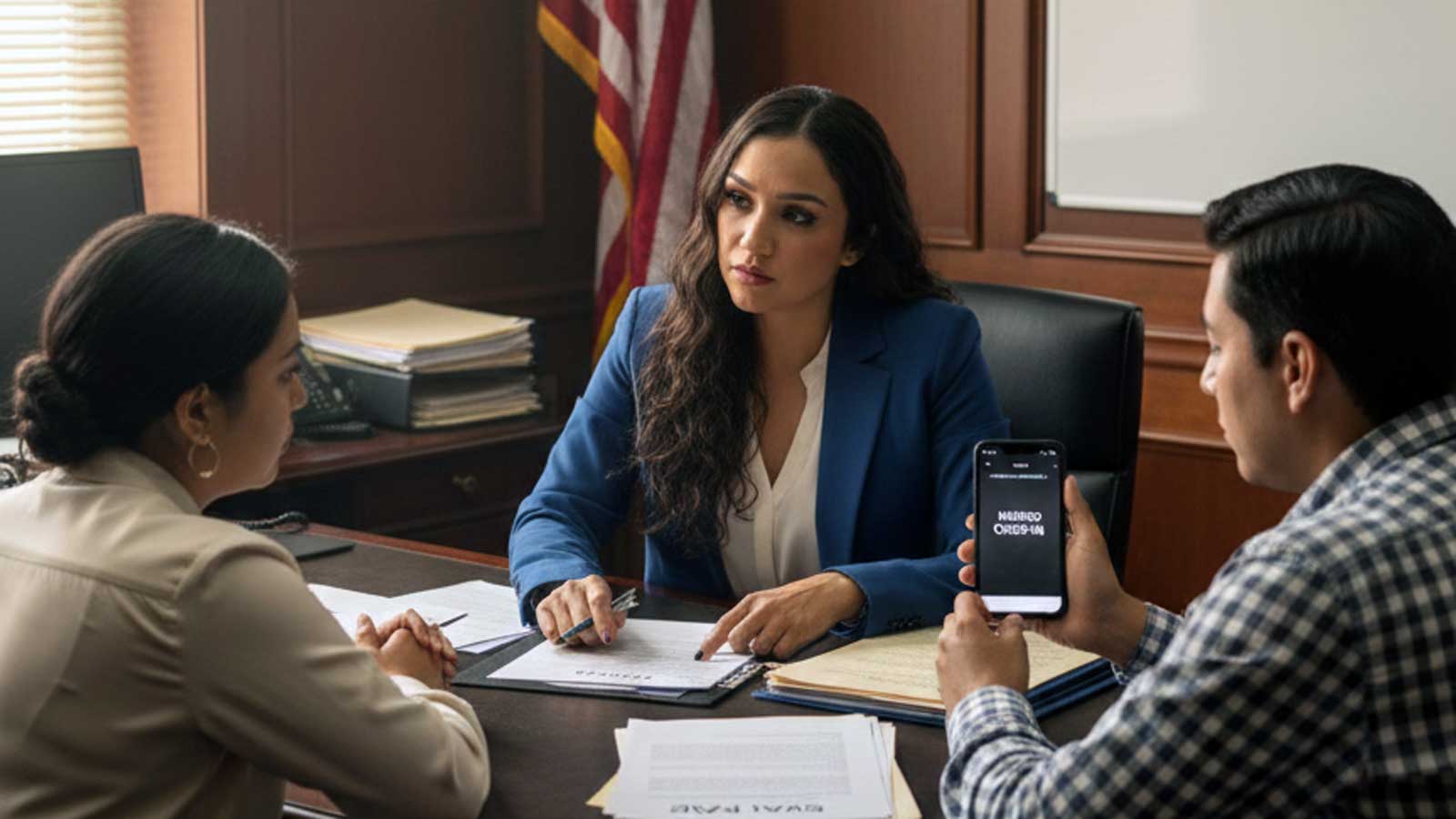 An attorney in a blue blazer reviews paperwork with two clients at her desk while one of them holds up a phone screen.