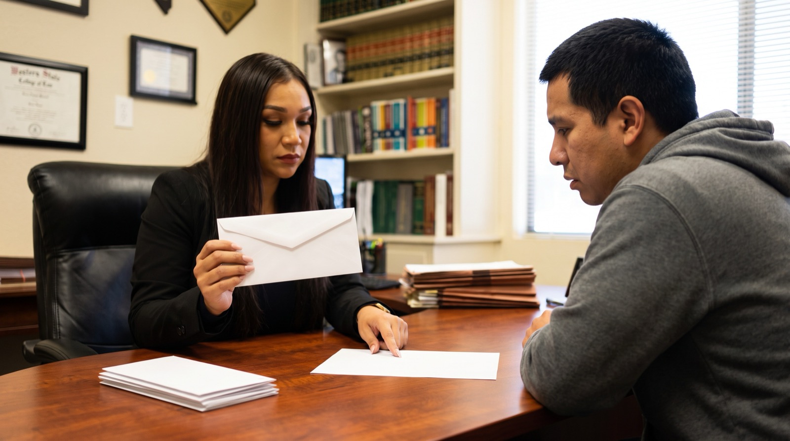 Attorney Karen Monrreal holds up a sealed envelope and points to a blank form on her desk while a worried client looks on.