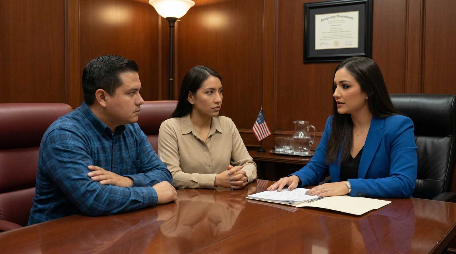 Attorney Karen Monrreal, in a blue blazer, explains a case file to a concerned couple at a conference table.