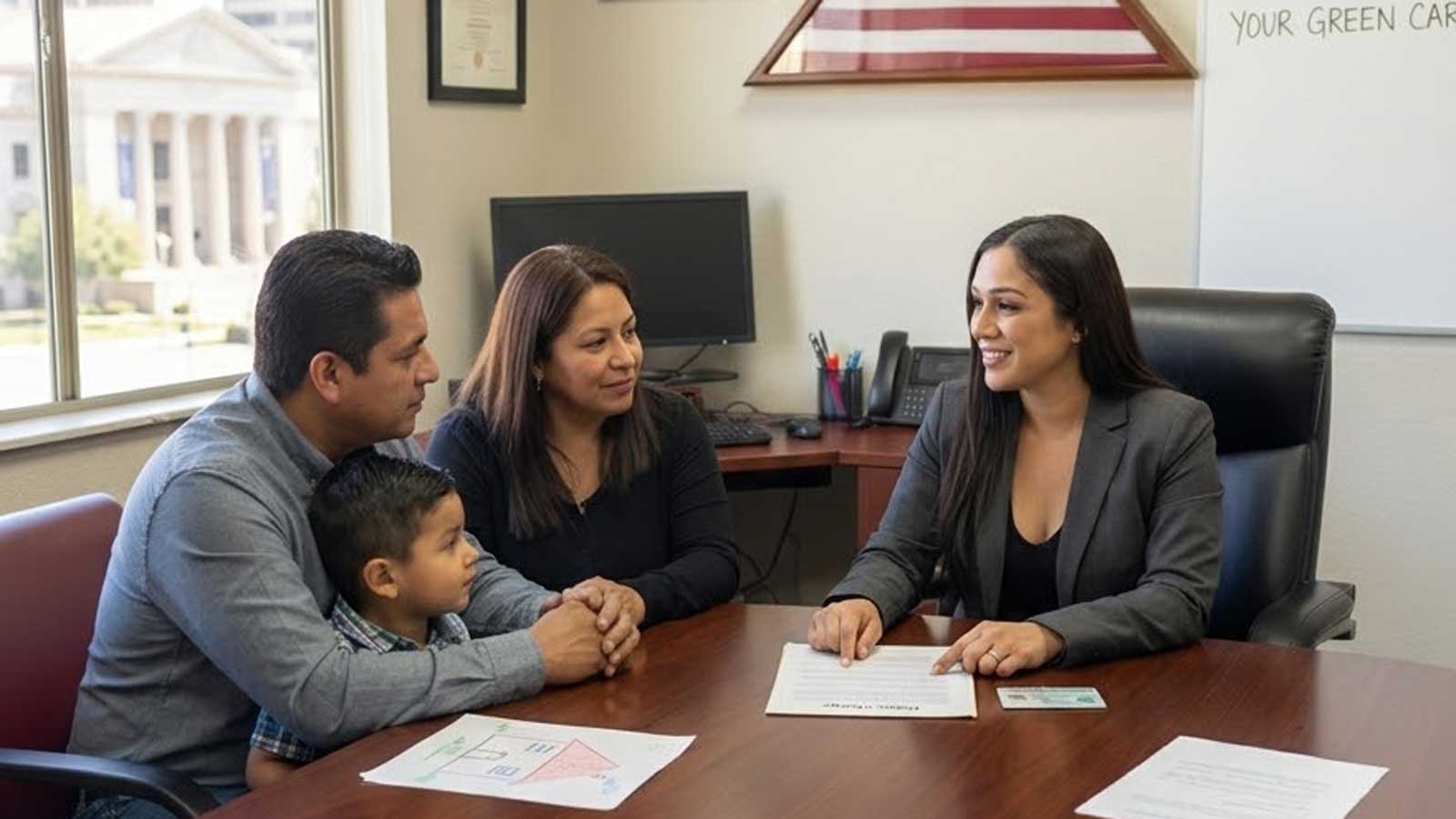 Attorney Karen Monrreal smiles as she reviews papers with a mother, father, and young son at her office table.