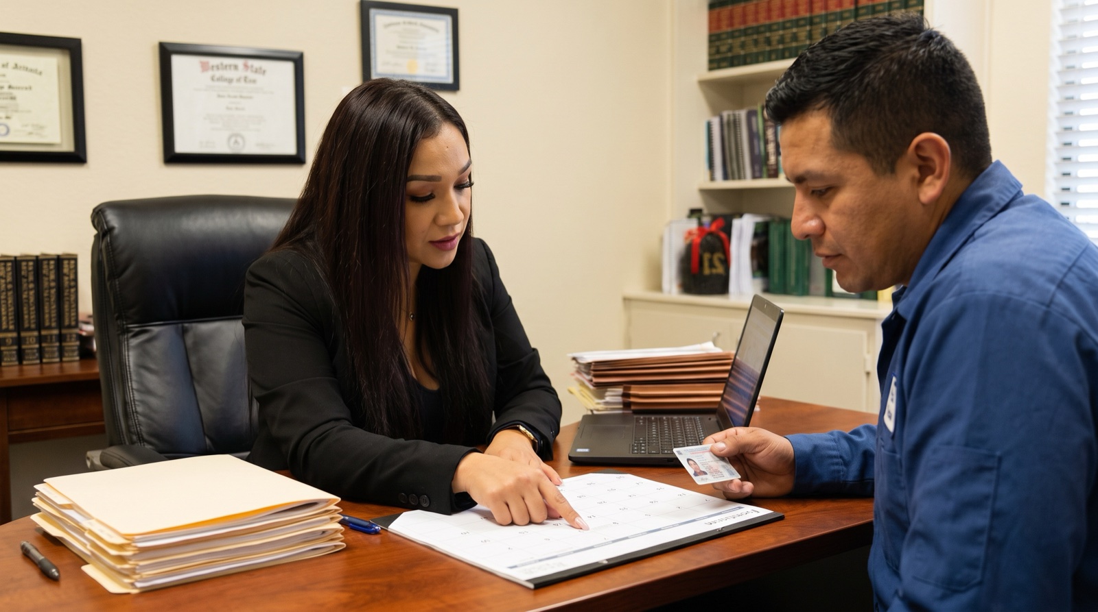 Attorney Karen Monrreal points to a date on a desk calendar while a client holding his work permit card looks on.