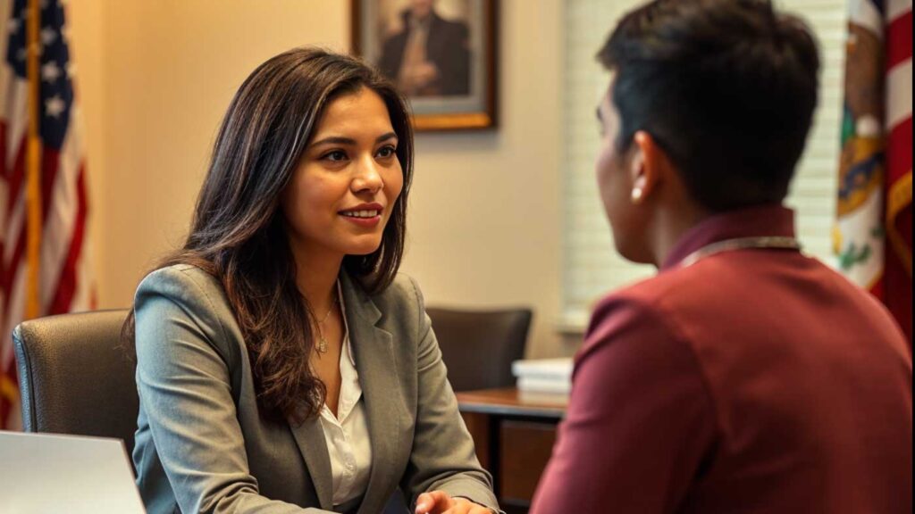 immigration attorney talking with client