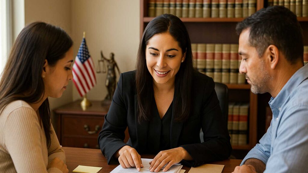 A Latina immigration attorney in a black blazer reviews immigration waiver forms with a couple in a Reno law office, legal books in the background.