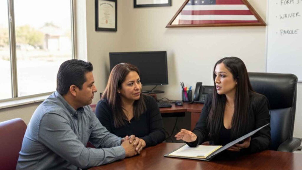 Karen Monrreal, Esq., a professionally dressed immigration attorney with long dark hair, sits at a large wooden desk in her office, actively speaking to two casually dressed Latino clients. The office features diplomas on the wall and an American flag, with a whiteboard in the background listing 'Post-Deportation Options: Form I-212, Waiver, Parole'