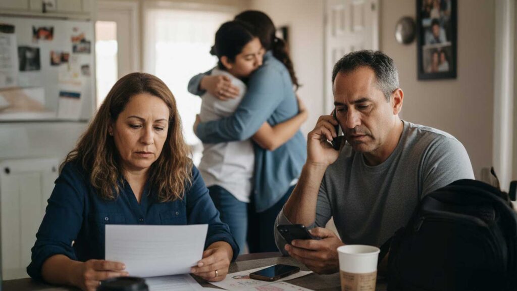 A distraught adult woman reads a document while an adult man talks on a phone, looking distressed. In the blurred background, two other adults embrace, conveying worry and comfort after an ICE arrest.