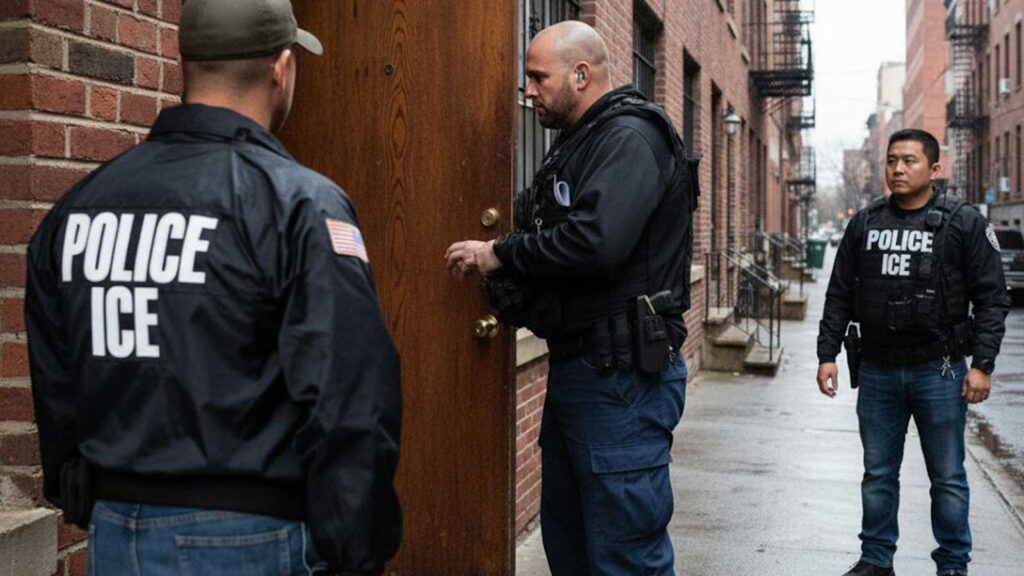 A group of ICE agents wearing "POLICE ICE" jackets and tactical vests stand outside a brown door on a brick building in an urban setting. One agent is at the door, another stands nearby, and a third is further down the sidewalk.