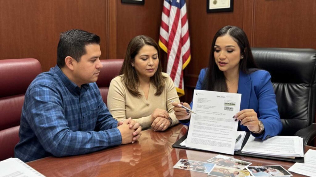 Immigration attorney Karen Monrreal, Esq., who closely resembles the provided image, sits in a modern, professional office at a conference table, speaking with a casually dressed Latino couple about the I-751 process to remove conditions on a green card. The office features diplomas on the wall and an American flag.
