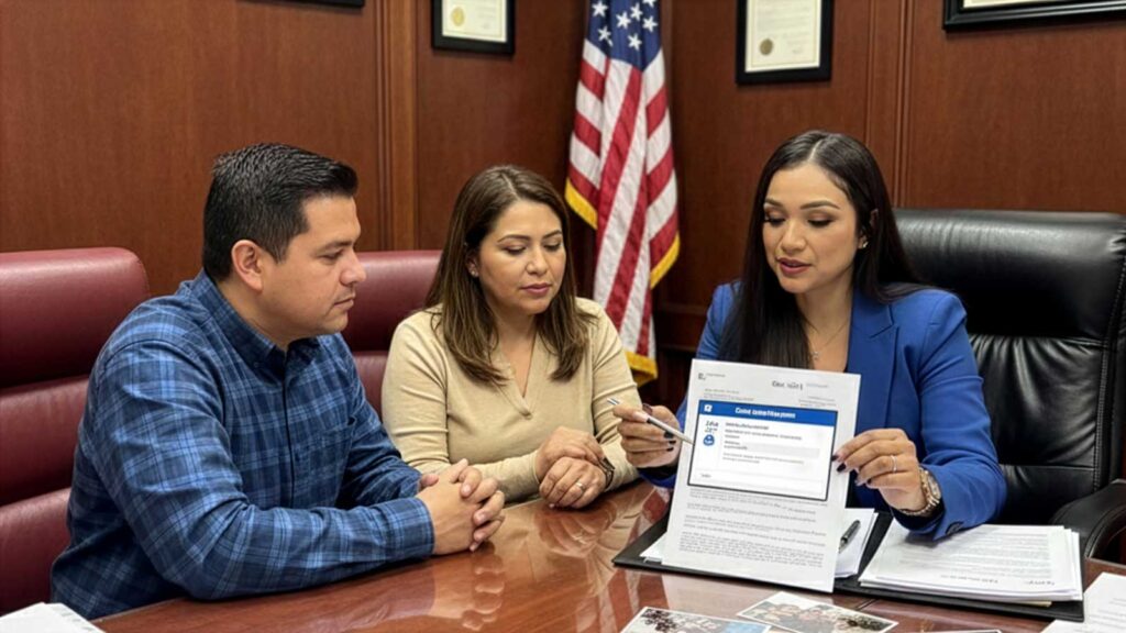 Immigration attorney Karen Monrreal, Esq., wearing a professional blue blazer, shows a legal document to a Latino couple in a wood-paneled conference room. The setting includes an American flag and framed diplomas, illustrating a consultation about ICE immigration cash bonds and the CeBONDS payment portal.