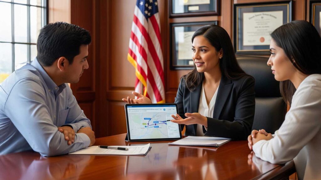 Immigration attorney Karen Monrreal, Esq. sits in a wood-paneled office with an American flag and diplomas, showing a map and tracking data on a tablet to a concerned Latino couple to explain how to track ICE detainee transfers and ensure continued legal access.