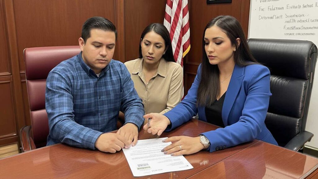 Immigration attorney Karen Monrreal, Esq., wearing a professional blue blazer, reviews an I-220A Order of Supervision document at a conference table with a focused Latino couple. The professional office setting features an American flag and framed diplomas, highlighting a consultation regarding ICE reporting requirements and compliance.