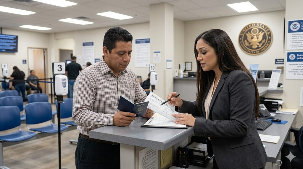 La abogada Karen Monrreal revisa un pasaporte y documentos de sello ADIT con un cliente en una oficina de USCIS.