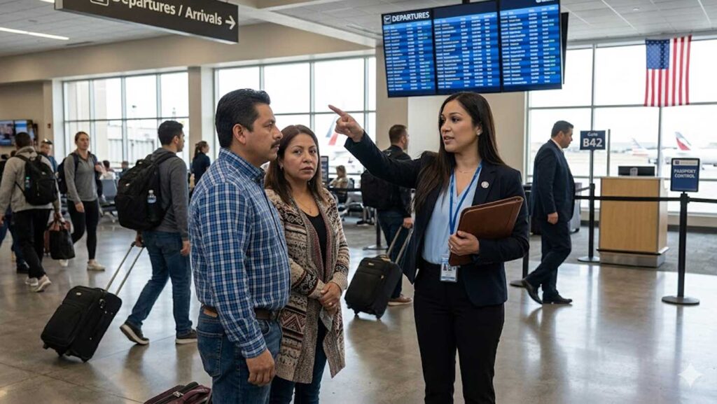 Immigration attorney Karen Monrreal advises a Latino couple at an airport terminal about safe travel on advance parole while their green card application is pending.