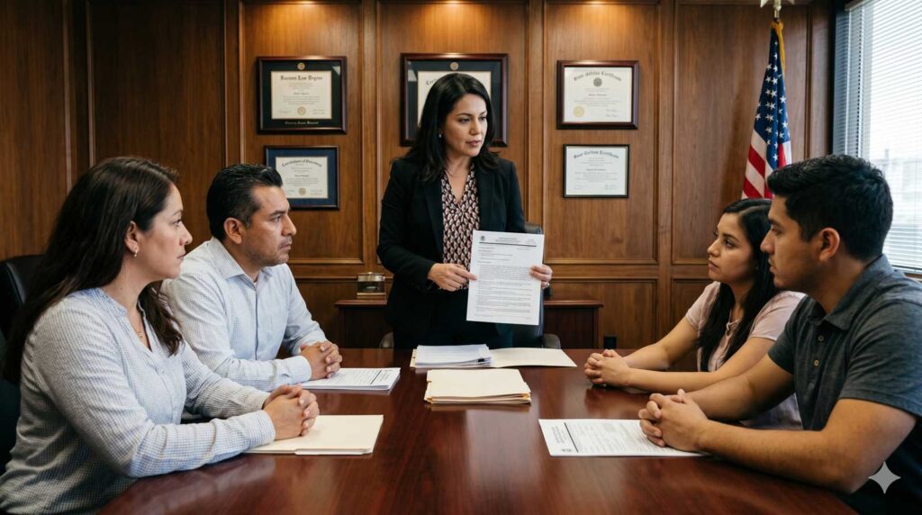 Immigration attorney Karen Monrreal explains the new USCIS adjustment of status policy change to clients at her Reno, NV immigration law office.