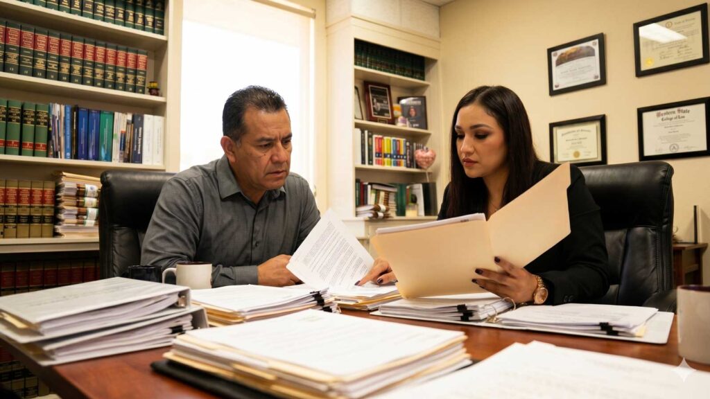 Immigration attorney Karen Monrreal reviews a client's immigration file documents at her Reno, NV law office, explaining what a FOIA request revealed about his A-File history.