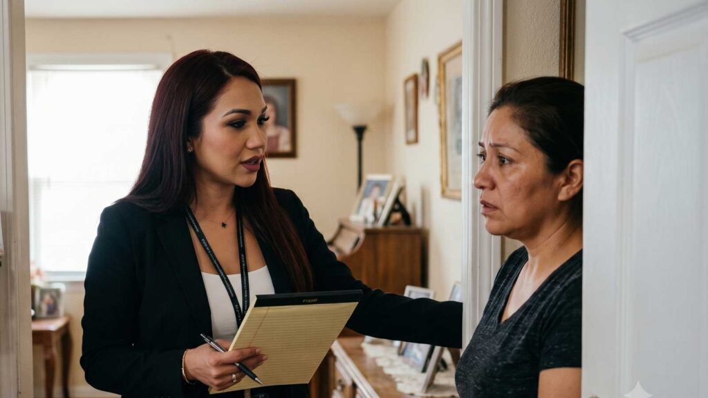 Immigration attorney Karen Monrreal speaks with a Latina client at her front door, explaining her rights during an ICE encounter at her home.