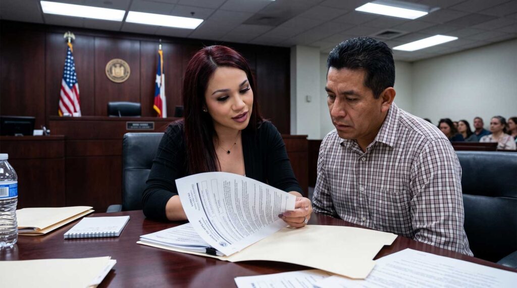 Immigration attorney Karen Monrreal reviews a Notice to Appear with a client at the courtroom table before his immigration hearing in Reno, NV.