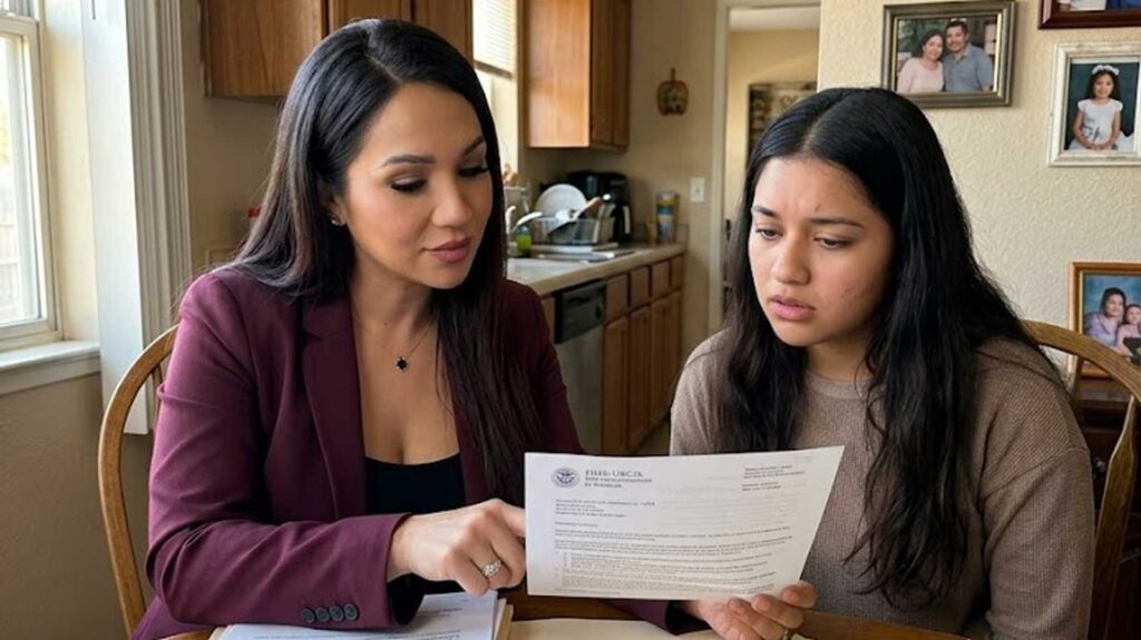 Immigration attorney Karen Monrreal reviews a USCIS annual asylum fee notice with a young asylum seeker at her kitchen table, explaining the new 2026 asylum fees.