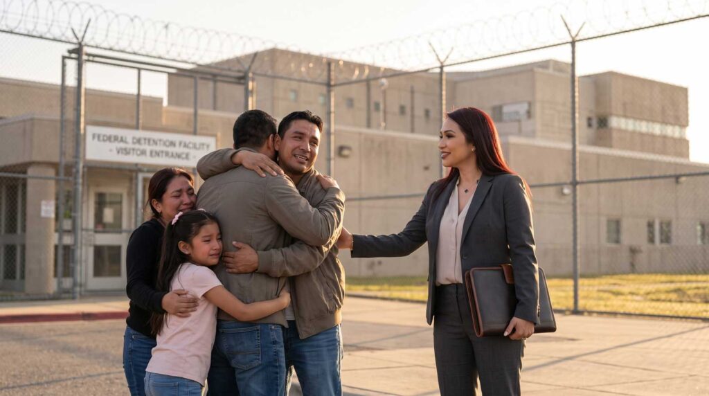 Immigration attorney Karen Monrreal greets a Latino family reuniting outside a federal detention facility after their loved one's release from ICE custody on an immigration bond.